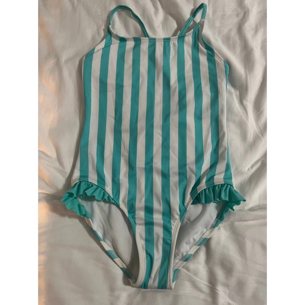 Cat & Jack Girls Teal White Striped One Piece Swimsuit Ruffle Trim Large 10/12